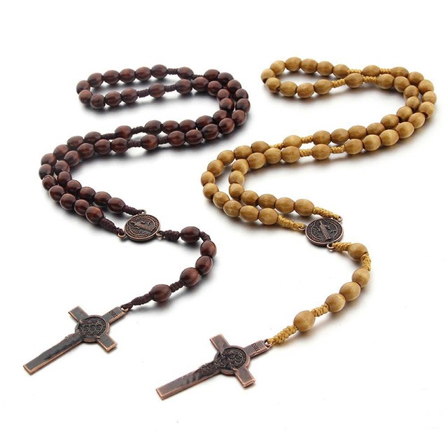 Stock Stock Vintage  Virgin Mary Wooden Cross Pendant Necklace Handmade 8*10 Wood  Rosary Bead Necklace
