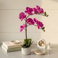 Fleur d'orchidée artificielle au toucher réel, plante de phalaenopsis en soie en pot avec vase en ciment gris pour la décoration de bureau ou de table