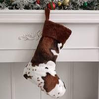 Chaussette de Noël en fausse fourrure à imprimé vache, sac cadeau suspendu en peluche, décoration de fête