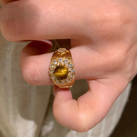 Vintage Gebürstete Kupfer-Serie Tigerauge Mikro-Eingelegter Zirkon Trendiger Luxus Breiter Stapelbarer Verstellbarer Offener Fingerring