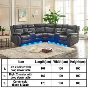 Conjunto de Muebles Reclinables Eléctricos Modernos para Sala de Estar, Sofá Seccional en Forma de L con Iluminación Ambiental LED Azul y Puerto USB - Product Image 3