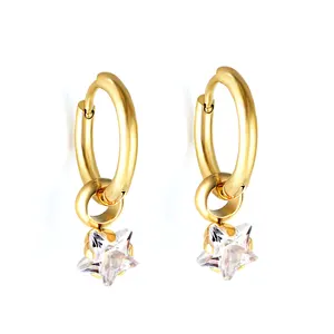 Mode femme bijoux boucle d'oreille cercle étoilé diamant blanc goujons cerceau inoxydable plaqué or 18 carats boucle d'oreille