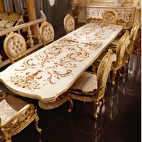 Cour française de luxe haut de gamme longue table à manger peinte à la main feuille d'or personnalisé sculpture sur bois massif ensemble de meubles de salle à manger