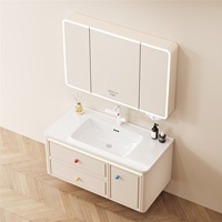 Set Kabinet Kamar Mandi Dinding Pintar Lengkung Aluminium Model Sarang Lebah Gaya Prancis Terintegrasi dengan Wastafel Keramik dan Cermin