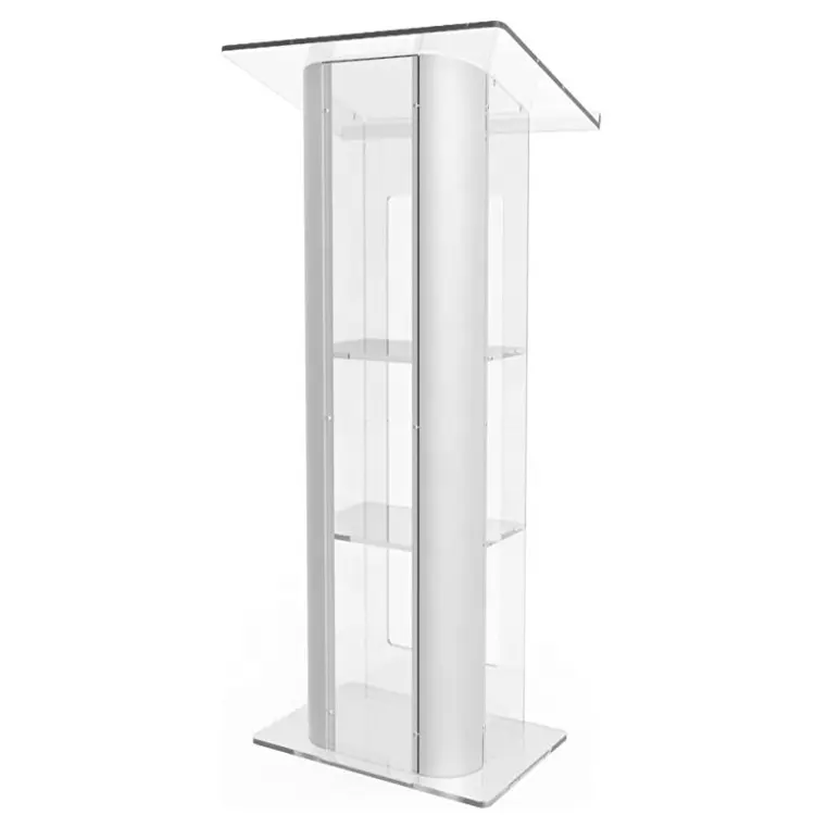 New Arrival Clear Transparent Acrylic Plexiglass Podium Curved Brushed Stainless Steel Sides Pulpit Lectern Acrylic Stand