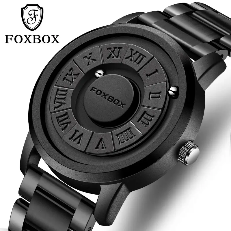 LIGE marca FOXBOX hombre reloj creativo de acero inoxidable banda desplazamiento cuentas relojes de cuarzo para hombres fuerza magnética reloj impermeable