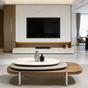 Tavolino <span class=keywords><strong>da</strong></span> Caffè Moderno di Lusso con Piano <span class=keywords><strong>in</strong></span> Pietra <span class=keywords><strong>Naturale</strong></span>, Impiallacciatura <span class=keywords><strong>in</strong></span> <span class=keywords><strong>Legno</strong></span> e Gambe <span class=keywords><strong>in</strong></span> Metallo, Arredamento Contemporaneo per Soggiorno - Product Image 2
