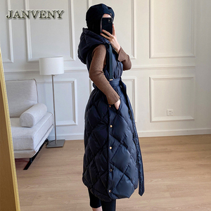 JANVENY <span class=keywords><strong>2022</strong></span> nouveau luxe <span class=keywords><strong>hiver</strong></span> vers le bas sans manches gilet femmes fermeture éclair ceinture à capuche diamant treillis épaissir chaud bouffant gilet - Product Image 3