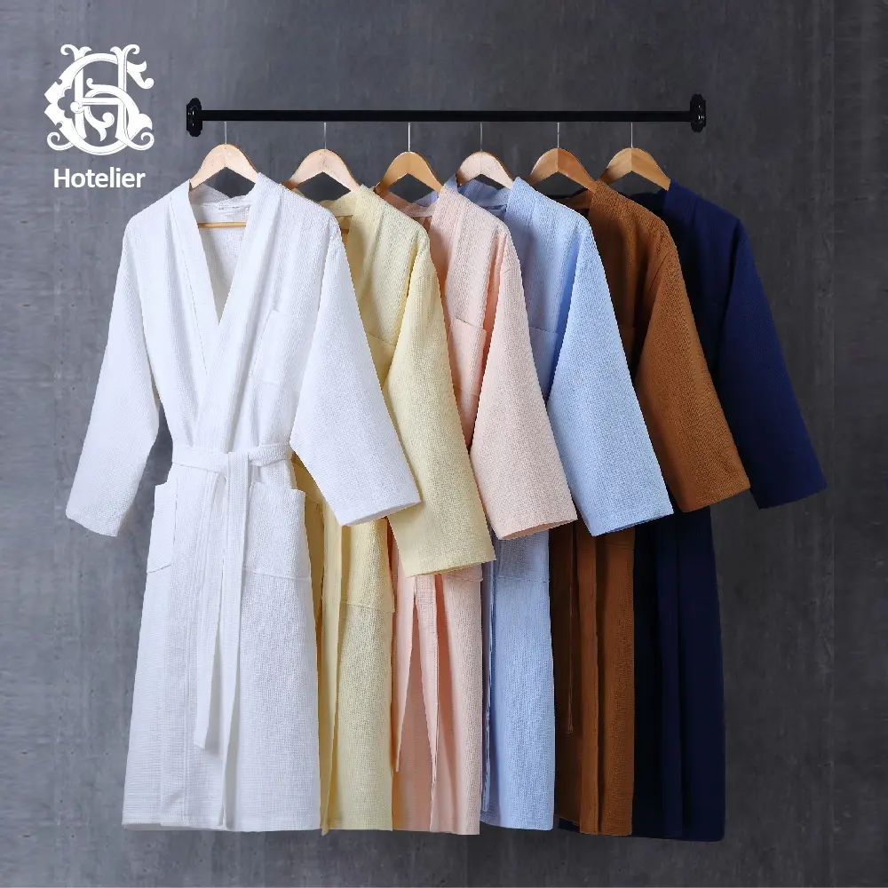 Mudah Disesuaikan 100% Katun Wafel Putih Spa Hilton Hotel Jubah Mandi Beling Tekstil Kustom Jubah Mandi untuk Wanita dan Pria dengan Logo