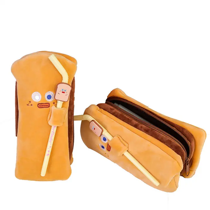 Produk penyimpanan kosmetik kantor sekolah kapasitas besar gratis sampel tas kantong pensil kain berwarna bentuk roti lucu untuk wanita