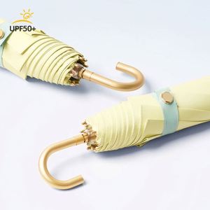 Triple Fold Hand Opening Small Gold Hook Golden Frame Weather Resistant Dual-Use <b>Umbrella</b> for Rain or Sun - Product Image 4