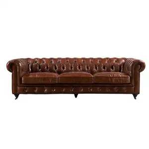 Chrome Casters Button Back Vintage Brown 3S Genuine Leather Chesterfield Sofa simple modern sofa