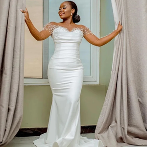 Vestido de novia de satén plisado de sirena de manga larga con perlas brillantes personalizadas impresionantes árabe Aso Ebi <span class=keywords><strong>para</strong></span> novia ilusión - Product Image 5
