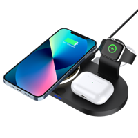 Station de charge sans fil de bureau 15W pour téléphone et écouteurs avec support de chargeur de montre vertical, sortie USB et lumière ambiante LED