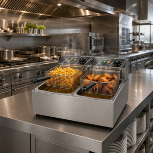 Friteuse électrique à double cuve avec thermostat indépendant, 5 kW, en acier inoxydable, pour restaurant de restauration rapide - Product Image 1