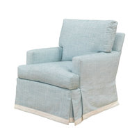 Fauteuil d'appoint pivotant de style rétro français, bleu et blanc rayé, avec garniture à franges, pour salon ou chambre à coucher