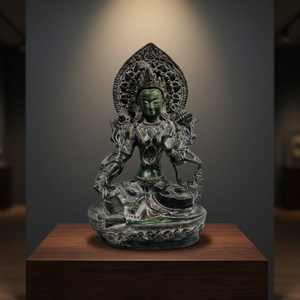 Statue de Tara Verte en Laiton, Finition Antique, Figurine Bouddhiste Tibétaine Bodhisattva, Sculpture Artisanale pour Décoration d'Autel - Product Image 1