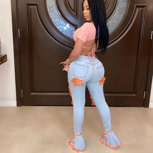 Sexy Women Ripped Jeans Fringe Hollow Out <strong>Ruffle</strong> Flare <strong>Denim</strong> <strong>Pants</strong> High Waist Hole Women Trousers Jeans - Product Image 6