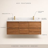 Meuble-lavabo mural double vasque avec plan en pierre frittée, vasque en céramique, armoire en placage de bois, luxe moderne