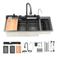 Évier de cuisine professionnel en acier inoxydable noir avec planche à découper en bois, panier égouttoir, égouttoir à vaisselle et double robinet OEM ODM