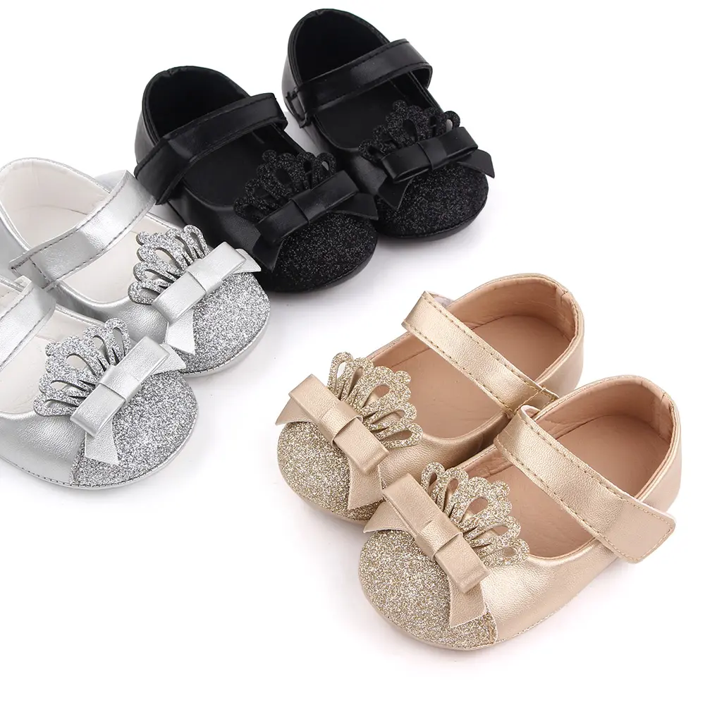 Chaussures de princesse pour bébés filles avec couronne à paillettes de couleur unie brillante