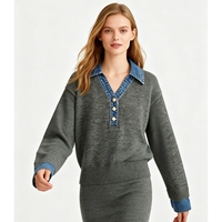 Pull en maille personnalisé de qualité supérieure, col bleu, pour femme, automne, manches longues, décontracté, chaud, à un seul bouton