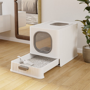Caja de arena para gatos plegable de plástico, grande, completamente cerrada, a prueba de olores y salpicaduras, con bandeja extraíble, para venta al por mayor. - Product Image 4