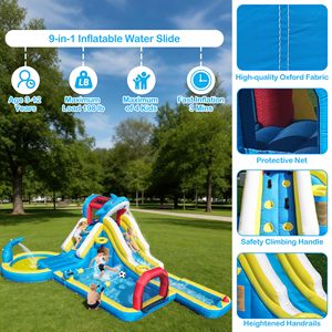 Toboggan aquatique gonflable en promotion pour enfants de 3 à 12 ans, parc aquatique de jardin avec souffleur 480W, 9-en-1, thème requin, longues glissades, but de football extérieur - Product Image 3