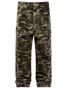 Jeans en denim pour homme HaiYao 2026, de haute qualité, personnalisés, en tissu camouflage, avec des perles et des strass, coupe droite, streetwear, hip-hop, OEM ODM, coton - Product Image 3