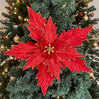 Bunga Poinsettia Beludru Merah 50cm, Hiasan Pohon Natal dengan Glitter Emas, Rangkaian Meriah
