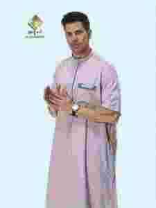 Al Haramain <b>Men</b> <b>Thobe</b> Stand Collar Short Sleeve Cotton Prayer Wear Ankle Length Solid Color Casual Style - Product Image 5