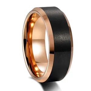Inspire Stainless Steel Jewelry Customized Fashion Jewelry 8mm Black Brushed Beveled Polished Cut Edge Rose Gold Men's Ring