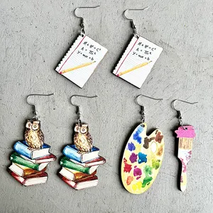 New Arrival Creative Teacher's Day Gifts Multi-color Wooden Earrings Statement Book Brush Printed Earrings Gifts for Women