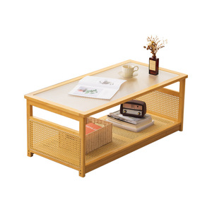 Mesa de centro de ratán con tapa de vidrio templado, marco de bambú, muebles de sala de estar de estilo japonés, diseño rectangular moderno y sencillo - Product Image 4