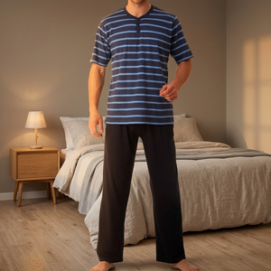 Ensemble de pyjama long décontracté pour homme – Tissu en jersey tricoté 100 % coton teint en fil, confortable et respirant - Product Image 2