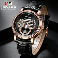 Montre mécanique automatique de luxe TEVISE pour homme, avec cadran squelette et bracelet en cuir
