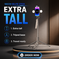 Nouveau bâton de selfie pliable 180 cm à 4 axes avec cardan rotatif, double anneau lumineux LED, trépied et support de téléphone en acier inoxydable