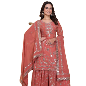 Traje Sharara de Piel Sintética de Zorro Bordado de Diseñador con Lentejuelas, Elegante, Informal, para el Trabajo, de Secado Rápido - Product Image 1