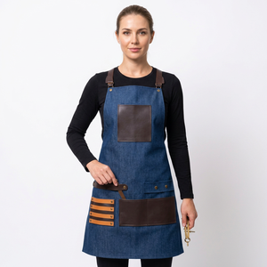 Tablier de coiffeur professionnel robuste en jean bleu avec accents en cuir et bretelles croisées, capes et tabliers de barbier - Product Image 5