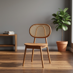 Silla de Bistró Contemporánea de Madera de Teca Estilo Japandi con Panel de Malla de Mimbre Natural - Product Image 2