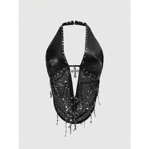 PEEQI Venta al por Mayor de Tops sin Mangas para Mujer, Estilo Rock Punk con Lentejuelas y Recortes Metálicos, Moda Primavera - Product Image 1