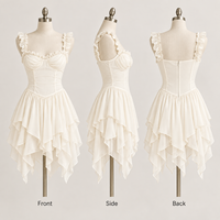 Robe Courte d'Été OEM pour Femme en Mousseline de Soie avec Buste Froncé, Bretelles Volantées, Corset et Ourlet Asymétrique Coupe Trapèze
