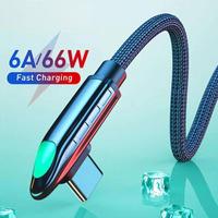 Câble de charge rapide USB A-C 66W 6A, cordon de chargeur gaming à angle droit 90 degrés, fil de données tressé avec lumière LED pour téléphone portable
