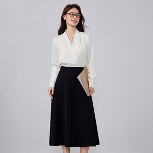 Women's Suit Set Black Shirt Midi Skirt Full Sleeve Satin Office Lady Spring Anti-Wrinkle Professional Attire - Product Image 4