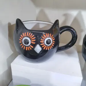 3D万圣节黑猫头鹰形陶瓷咖啡杯，手绘，可定制