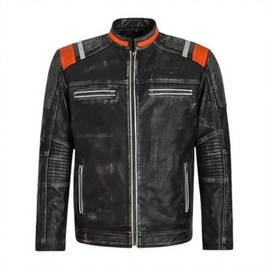 Blouson en cuir noir pour homme, avec bandes de course orange, col montant, épaules matelassées, en peau d'agneau, personnalisé - Product Image 1