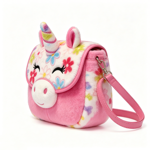 Floral Unicorn Plush Crossbody Bag, Kids Pink & White Fluffy <b>Purse</b> with Rainbow Horn & Flower Embroidery - Product Image 5