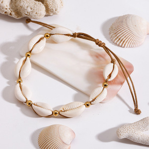 Stylish Shell <b>Bead</b> Adjustable Anklet Women's Jewelry Natural Cowrie Shell Gold Ball Waxed <b>Thread</b> Bracelet For Beach Wear - Product Image 3