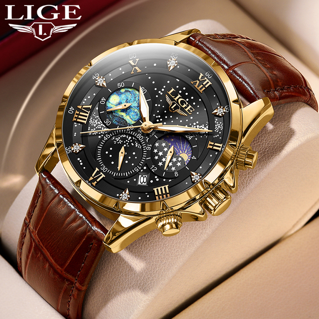 LIGE LG89107 Sample Starry Sky Dial Men's Watch Fashion Business Luminous Quartz Watches Luxury Leather Waterproof Hands Watch