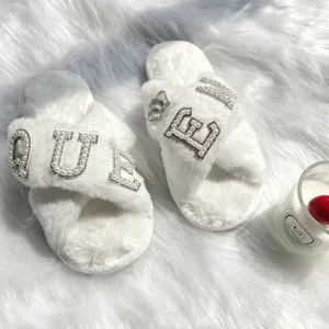 Customized Logo QUEEN Plush Soft Home Slides Cozy Fluffy Fur Wedding Slippers for Bride Bridesmaid women lady
